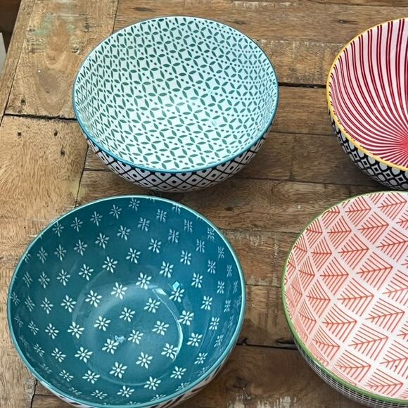 Over and Back Bowls Double Print Geometry Colorful Stoneware Set of 6 - Picture 3 of 13